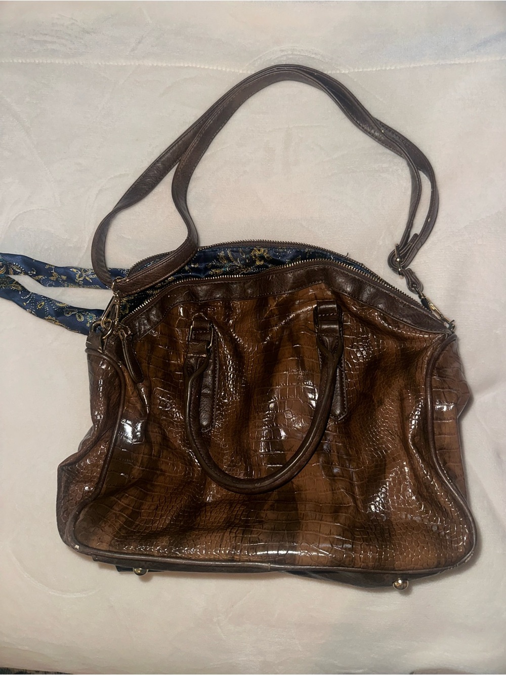 Brown Croc-Embossed Leather Tote Bag - Women W/ Beautiful satin interior!